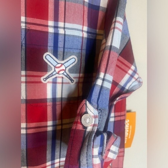 Gymboree Toddler Boys Red Blue Plaid Button Up Shirt 4T Baseball patch - Picture 5 of 6